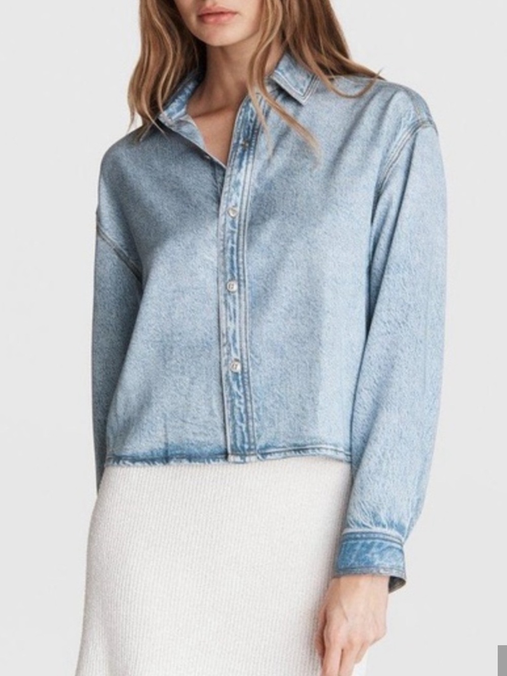rag & bone Charlie Liquid Crop Light Blue Cropped Button-Down Denim Look Shirt